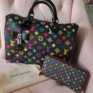Louis Vuitton X Takashi Murakami Black Multicolor Monogram Speedy 30 + Walle